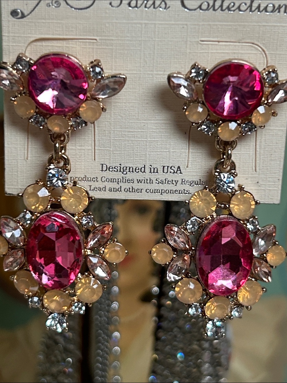 Gold-Tone Pink Crystal Drop Earrings
